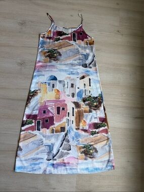 Point Sleeveless Painted Greek Island Maxi Dress in Multicolor